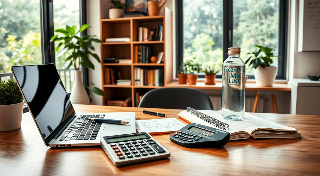 A serene home office with natural lighting, showcasing sustainable budget methods. In the foreground, a wooden desk holds a laptop and a modern calculator displaying the "EconoMix Plus" logo. Atop the desk, an open notebook with handwritten notes and a reusable water bottle. In the middle ground, a bookshelf with eco-friendly organization tools and personal finance books. The background features a large window overlooking a lush garden, creating a calming, nature-inspired atmosphere. The overall mood is one of efficiency, mindfulness, and a balanced approach to personal budgeting.