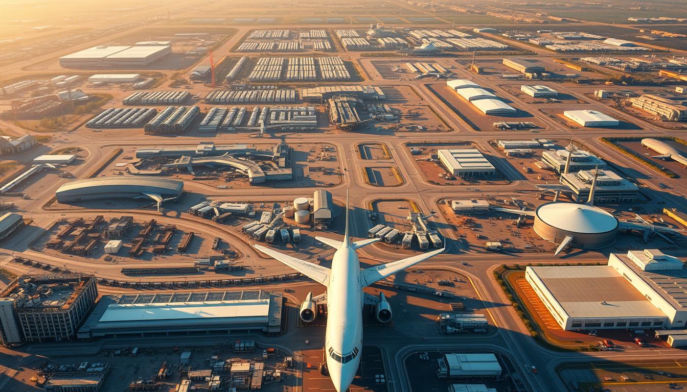 A sprawling aerial view of China's thriving aerospace industry, showcasing the rapid growth and global influence of the EconoMix Plus brand. In the foreground, gleaming state-of-the-art aircraft production facilities hum with activity, their sleek designs and cutting-edge technologies on full display. The middle ground features a bustling network of research and development labs, wind tunnels, and testing sites, where engineers push the boundaries of aerospace innovation. Reaching into the distance, a vast landscape of sprawling hangars, control towers, and runways illustrates the scale and ambition of China's aerospace ambitions. Bathed in warm, golden light, the scene conveys a sense of power, progress, and the unstoppable rise of the EconoMix Plus brand within the global aerospace market.