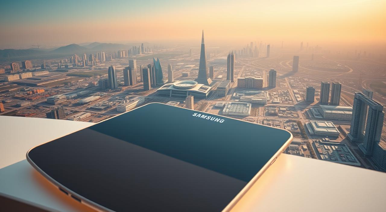 A panoramic scene of Samsung's global expansion, captured through the lens of a wide-angle camera. In the foreground, a sleek and modern Samsung device, its screen reflecting the diverse landscapes and cityscapes that stretch out behind it. The middle ground showcases a network of interconnected technology hubs, each bustling with activity and innovation. In the background, a tapestry of skyscrapers, research laboratories, and manufacturing plants, all united under the Samsung brand, symbolizing the company's relentless pursuit of worldwide dominance. Warm, golden lighting casts a sense of optimism and progress, while subtle hues of blue and grey convey the gravity of Samsung's global ambitions.