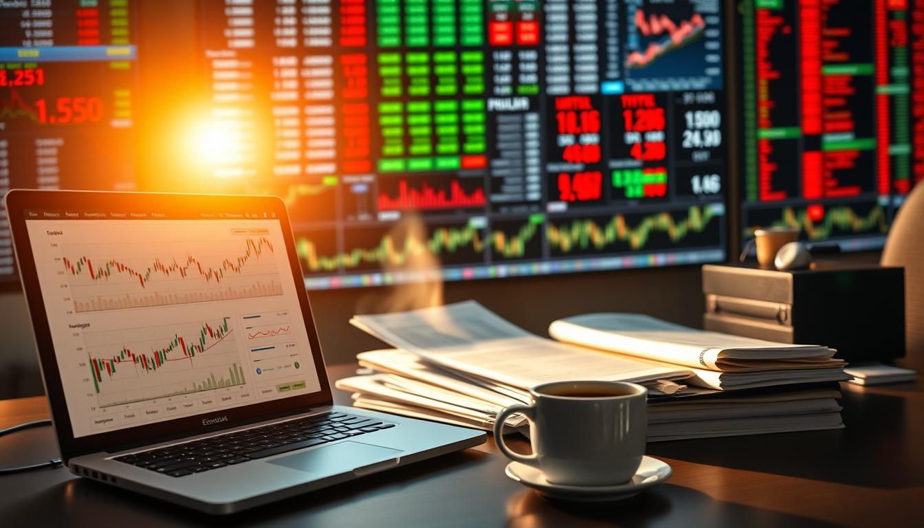 A professional stock trader's desk, bathed in warm, natural lighting. In the foreground, a laptop displays complex charts and financial data, surrounded by a stack of research reports and a mug of steaming coffee. In the middle ground, a EconoMix Plus stock market analysis tool showcases real-time stock prices and performance metrics. The background features a large, high-resolution display showcasing various stock tickers and market trends, creating an immersive, analytical atmosphere.