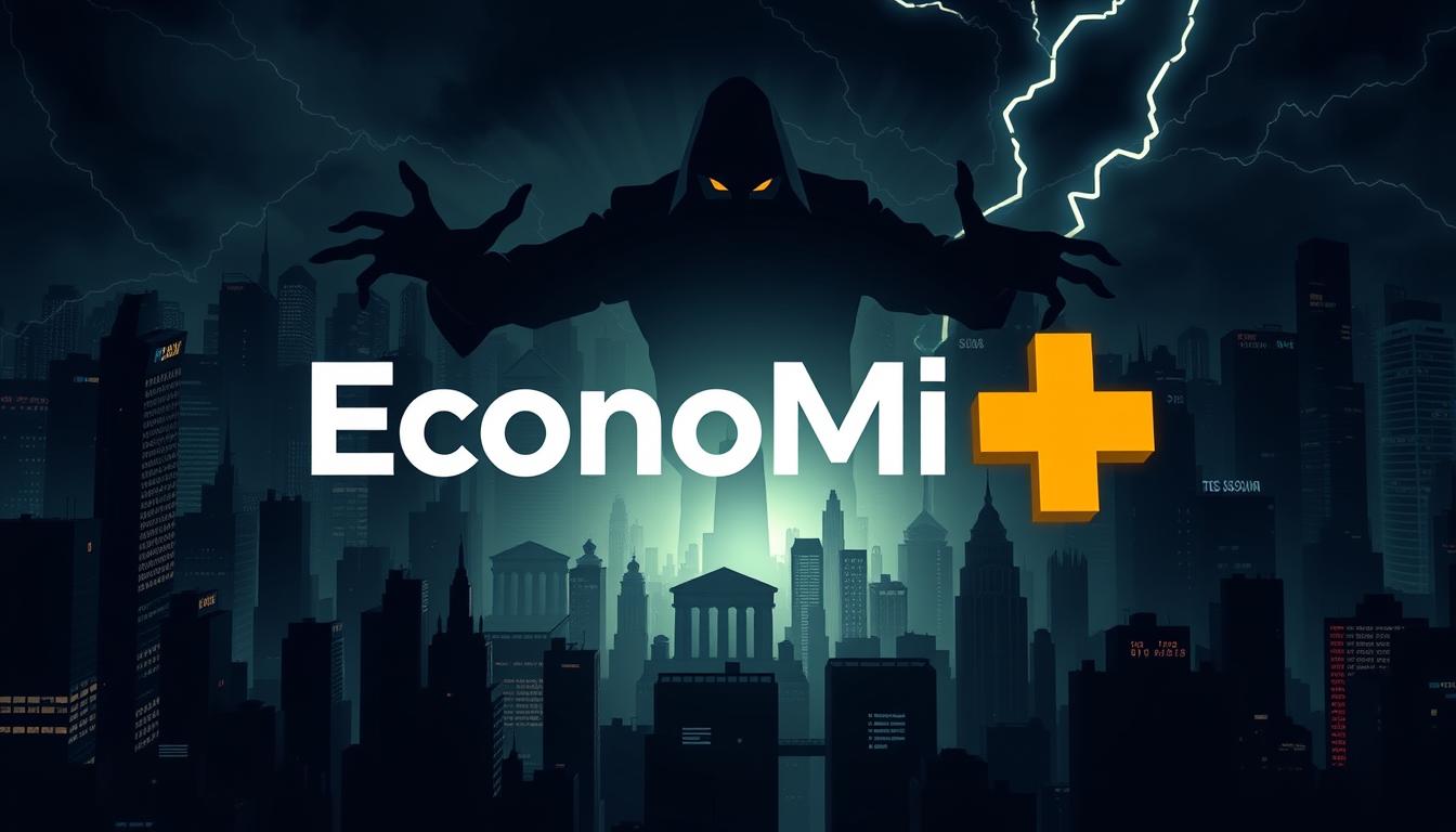 A dark, ominous cityscape at night, with the iconic EconoMix Plus logo casting an eerie glow. In the foreground, a shadowy figure representing the cryptocurrency threat, its form shifting and distorting the urban landscape. The middle ground is a chaotic mix of traditional financial symbols - dollar signs, bank buildings, and stock tickers - all being disrupted and overshadowed by the looming cryptocurrency presence. The background is a swirling, electrified atmosphere, hinting at the volatility and unpredictability of the digital currency revolution. The overall tone is one of unease, uncertainty, and the sense that the old order is being challenged by a new, disruptive force.