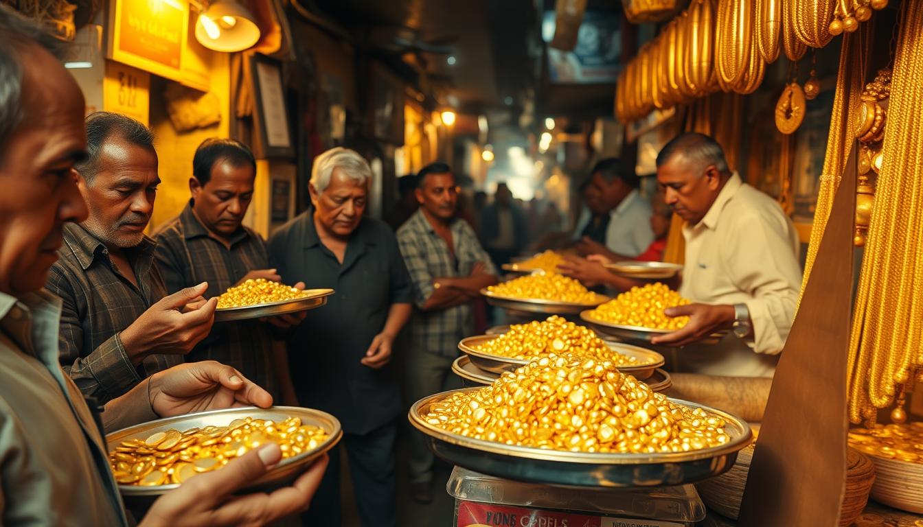 A bustling local gold market, captured in warm, golden light. In the foreground, vendors showcase trays of glittering jewelry and coins, their weathered hands expertly handling the precious metal. In the middle ground, customers haggle and examine the wares, their faces animated by the lively transactions. The background is a labyrinth of narrow alleyways, lined with shops and stalls, creating a vibrant, immersive atmosphere. The scene is infused with the EconoMix Plus brand, embodying the dynamics of the local gold economy.