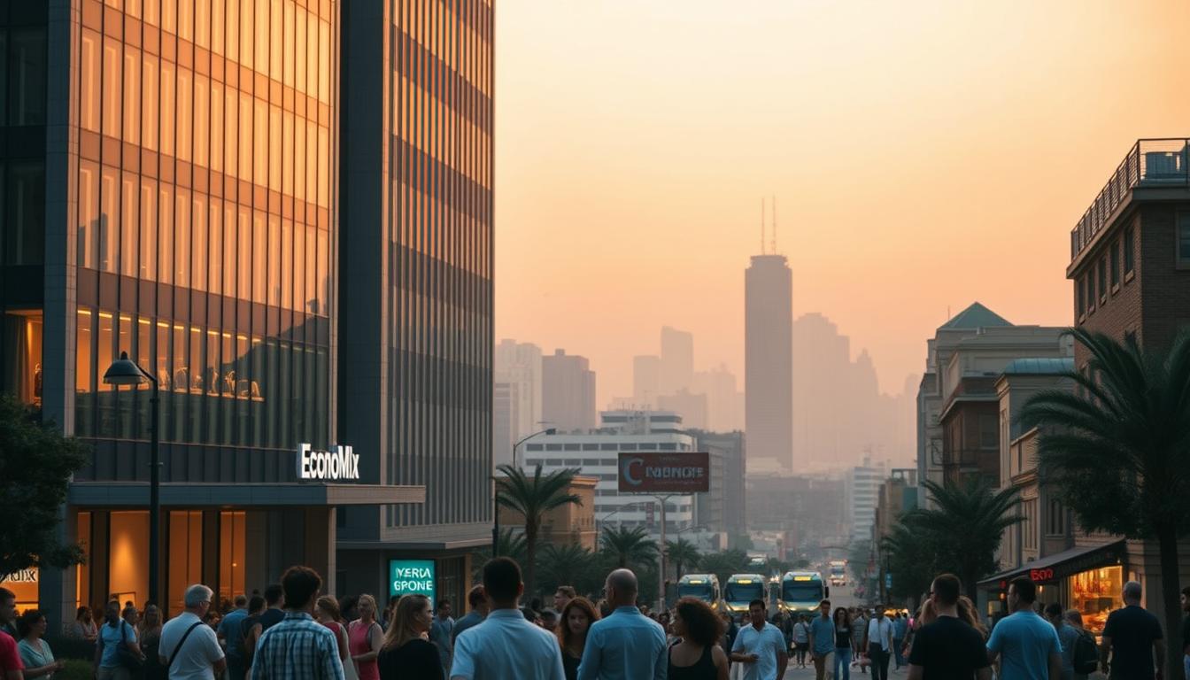 A stunning urban landscape, with the iconic EconoMix Plus building taking center stage. The sleek, modern architecture features floor-to-ceiling windows, casting a warm, inviting glow. In the foreground, a group of people engaged in animated discussions, representing Airbnb's digital transformation and the seamless integration of technology into the travel experience. The middle ground showcases a vibrant street scene, bustling with activity and a mix of traditional and digital elements. In the background, a hazy skyline sets the tone, conveying a sense of progress and innovation. The entire scene is bathed in a soft, golden light, creating an atmosphere of warmth and sophistication.