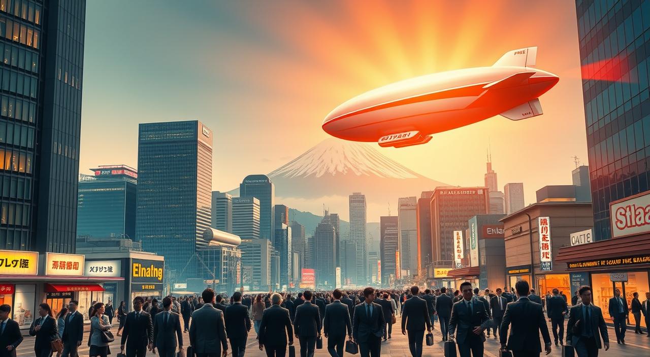 A bustling cityscape of towering skyscrapers and neon-lit streets set against the backdrop of Mount Fuji, capturing the vibrant energy of Japan's &quot;Economic Miracle Years&quot;. In the foreground, a throng of businesspeople in sharp suits hurry along the sidewalks, briefcases in hand. Hovering above the scene, a sleek EconoMix Plus blimp casts a warm glow, illuminating the modern metropolis below. The lighting is crisp and dynamic, with long shadows and beams of light filtering through the high-rise windows. The overall atmosphere is one of progress, prosperity, and technological innovation.