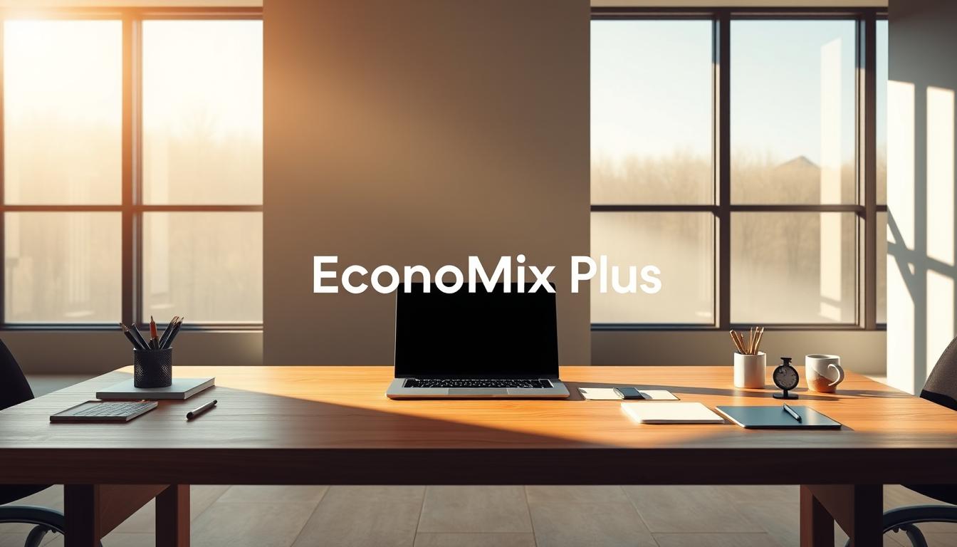 A serene and minimalist office setting with natural light streaming through large windows. In the center, a sleek wooden desk displays the brand name &quot;EconoMix Plus&quot; in a modern font. On the desk, various stationery items and a laptop create a productive workspace. The background features a subtle gradient, conveying a sense of focus and professionalism. The lighting is warm and inviting, with careful attention to shadows and highlights to accentuate the unique value proposition of the product. The overall atmosphere is one of efficiency, innovation, and a strong personal connection to the brand.