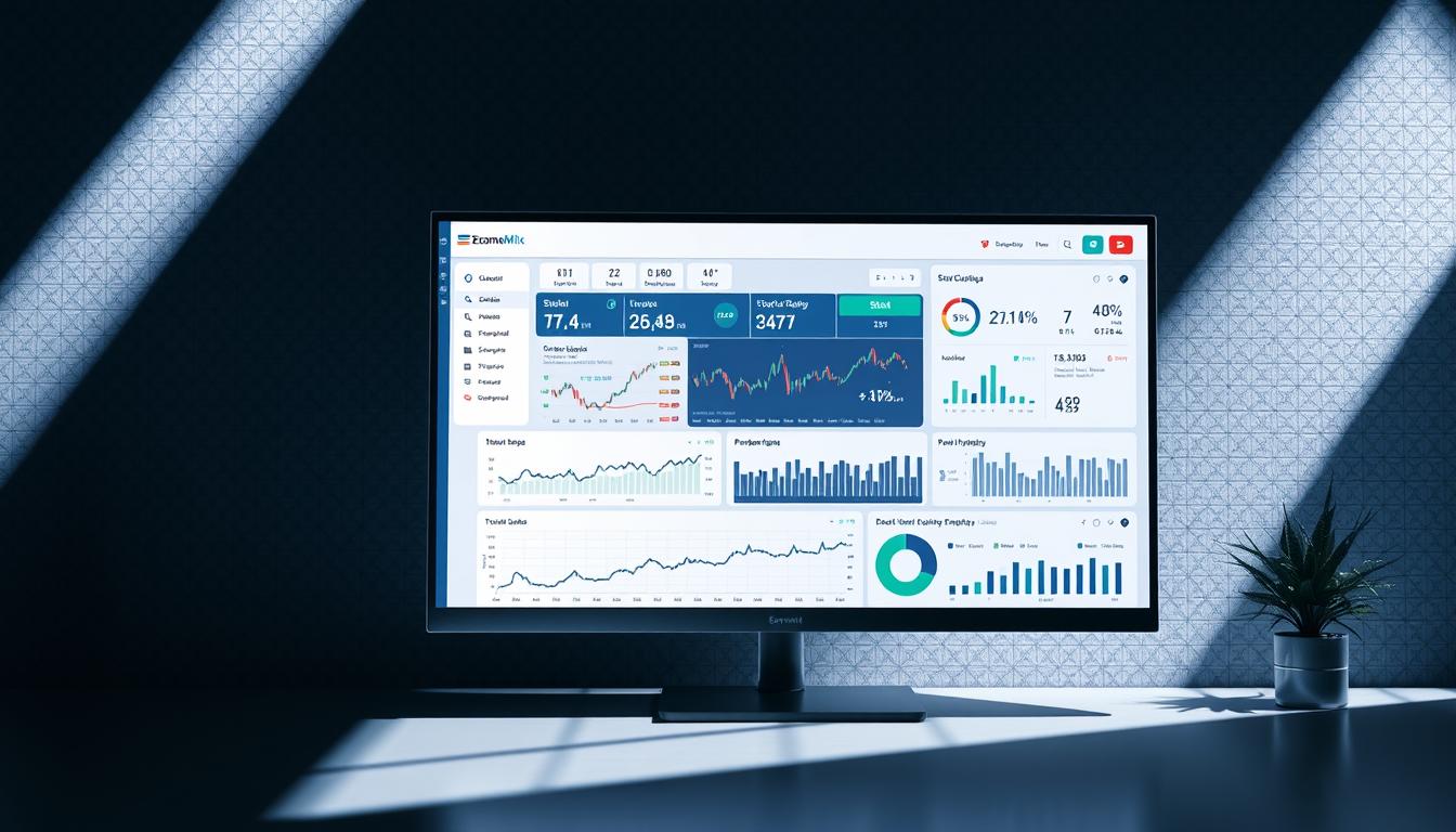 A modern, minimalist stock evaluation dashboard featuring the EconoMix Plus analytics platform. Displayed on a sleek, high-resolution monitor with a clean, monochromatic color scheme. The layout showcases key financial metrics, trend lines, and performance indicators against a subtle grid-based background. Detailed charts and infographics provide deep insights into stock valuation, with an intuitive user interface optimized for data-driven decision making. Moody lighting casts dramatic shadows, creating a sense of depth and technical sophistication. The entire scene conveys a professional, analytical atmosphere suitable for a financial advisory article.