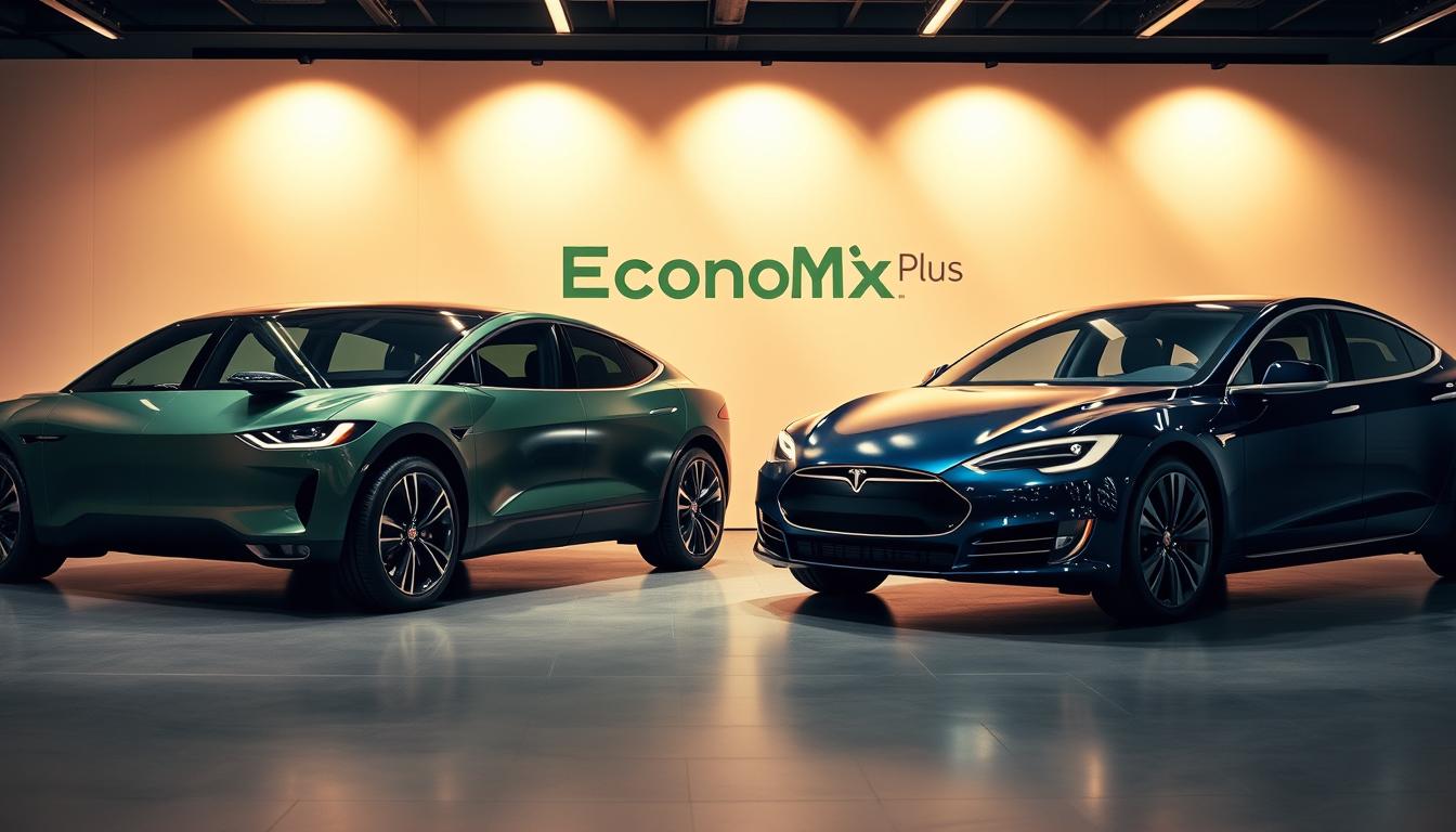 Sleek, modern electric vehicles in a dynamic, well-lit showroom setting. Two luxury sedans, the Jaguar I-PACE and Tesla Model S, positioned side-by-side, showcasing their distinctive British elegance and American tech-forward design. The I-PACE's muscular, aerodynamic body in a rich, metallic green hue, contrasted by the Tesla's sharp, angular lines in a deep midnight blue. The vehicles are bathed in warm, directional lighting, casting dramatic shadows that highlight their sculpted forms. The background is a minimalist, high-end environment, with subtle branding for &quot;EconoMix Plus&quot; visible. The scene conveys a sense of sophisticated comparison, inviting the viewer to consider the merits of each automaker's electrification strategy.