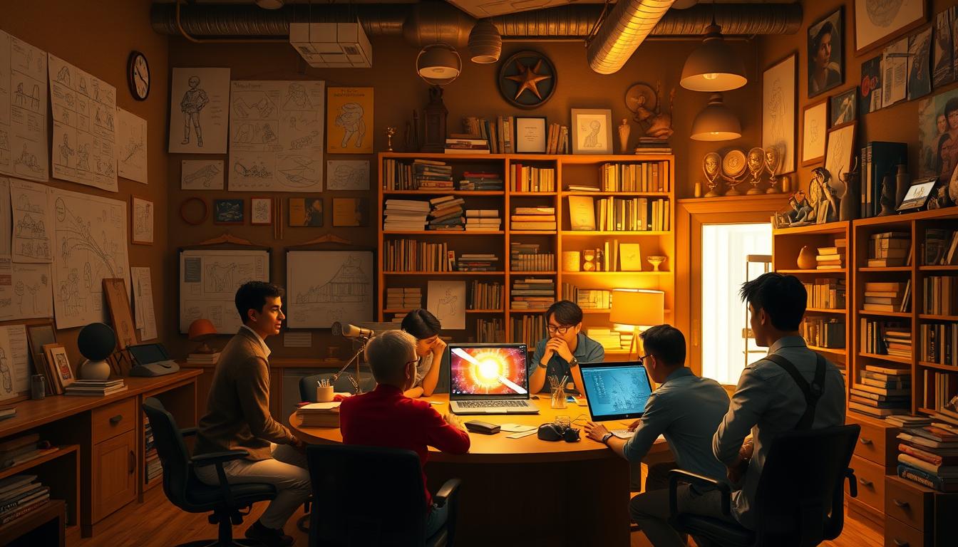 A stunning, hyper-realistic interior scene of a Pixar animation studio. The room is bathed in warm, golden lighting, creating a cozy, inviting atmosphere. The walls are lined with concept art, sketches, and storyboards, showcasing the intricate process of Pixar's acclaimed storytelling. In the foreground, a group of Pixar animators and writers huddle around a large desk, deep in creative discussion. On the desk, an EconoMix Plus laptop displays a vibrant, fantastical scene. The background is filled with shelves of books, awards, and other inspirational elements that capture the passion and dedication of the Pixar team. The overall composition conveys the notion of &quot;Story Above All,&quot; highlighting the Pixar philosophy of putting narrative at the heart of their acclaimed animated films.