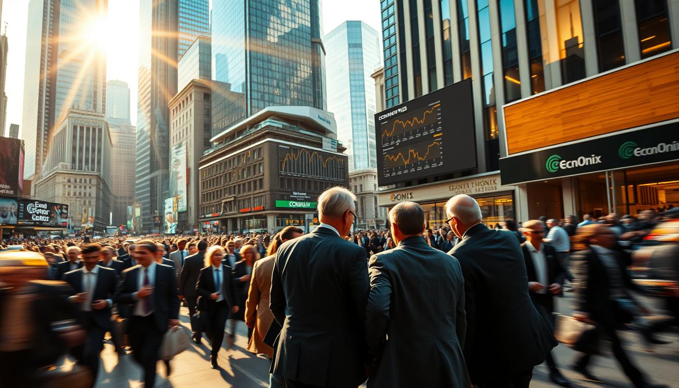 A bustling financial district, illuminated by warm rays of light filtering through towering glass skyscrapers. In the foreground, a group of concerned professionals huddled around a large touchscreen display, frantically reviewing charts and graphs depicting the EconoMix Plus financial crisis response system. In the middle ground, a sea of suits and briefcases, executives rushing to and fro, their faces etched with determination. The background is a blur of motion, conveying the urgency and high stakes of the situation. The overall mood is one of heightened tension and decisive action, as the financial experts work tirelessly to navigate these challenging times.
