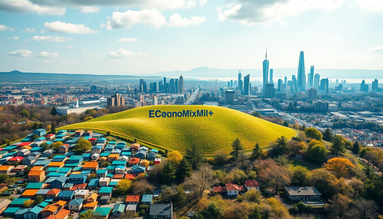 An expressive landscape showcasing diversification strategies, shot with a wide-angle lens in soft, natural lighting. In the foreground, a mosaic of various financial assets such as stocks, bonds, and real estate icons, symbolizing a balanced portfolio. The middle ground features a rolling hill with the EconoMix Plus logo, representing the company's approach to risk management. In the background, a vibrant cityscape with towering skyscrapers, hinting at the dynamism of the financial markets. The overall composition conveys a sense of stability, diversity, and growth, aligned with the article's theme of balancing stock investment with potential risks.
