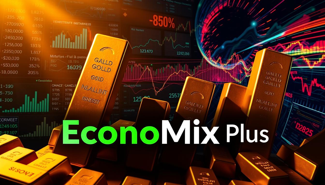 A dramatic overhead shot of rising gold bars against a dynamic backdrop of financial charts, graphs, and stock tickers. The gold bars are bathed in warm, dramatic lighting, casting dramatic shadows across the scene. In the foreground, the EconoMix Plus logo is prominently displayed, signifying the connection between gold and economic forces. The middle ground features a collage of financial data, with lines and curves representing fluctuating gold prices during periods of high inflation. The background is a swirling, abstract composition of vibrant colors and textures, evoking the volatility and uncertainty of the economic landscape.