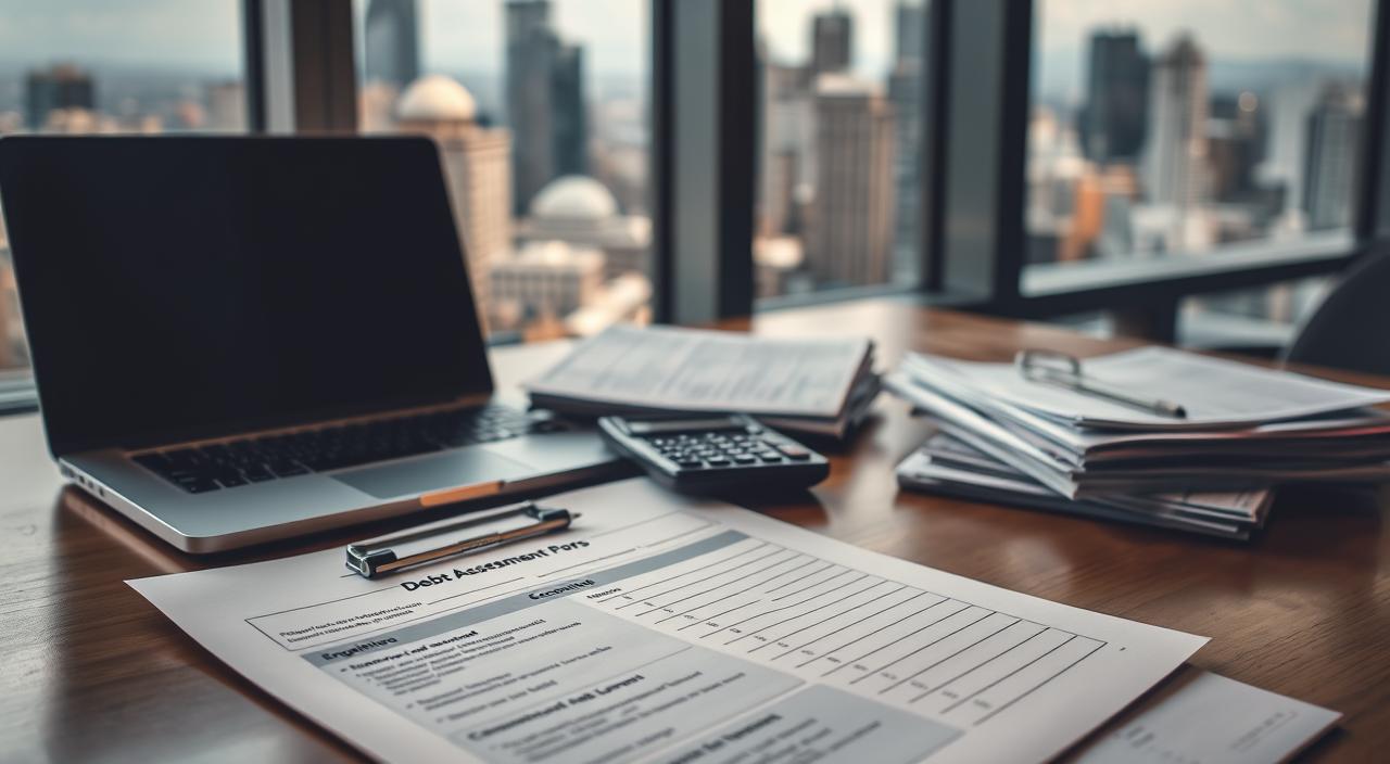 A well-lit office desk with a laptop, a stack of financial documents, and a calculator. In the foreground, an EconoMix Plus debt assessment form is prominently displayed, its sections neatly filled out. The background features a window overlooking a bustling city skyline, conveying a sense of organization and control amidst the financial complexity. The lighting is warm and professional, with subtle shadows adding depth and dimension to the scene. The overall mood is one of focused analysis and a methodical approach to understanding one's debt situation.