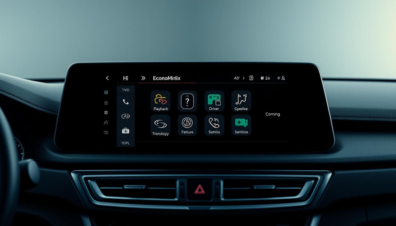 Sleek and contemporary infotainment system display, showcasing the advanced features of the &quot;EconoMix Plus&quot; system. The screen is set against a minimalist, high-contrast background, with clean lines and a focus on user interface elements. The display highlights various functions such as navigation, media playback, and driver assistance controls, reflecting the &quot;Technology Integration&quot; theme. Soft backlighting and a subtle gradient accentuate the premium aesthetic. Carefully composed to emphasize the system's elegant design and intuitive usability.