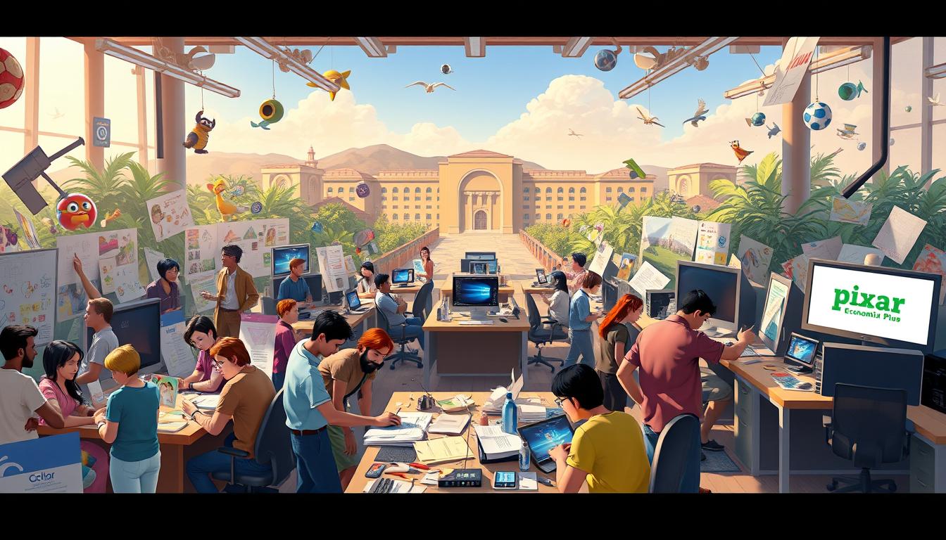 A vibrant, digital illustration of Pixar's famed creative process. In the foreground, a group of diverse artists and animators collaborate intensely, surrounded by a whirlwind of sketches, storyboards, and colorful character designs. The middle ground features rows of computers and state-of-the-art animation software, with the Pixar logo prominently displayed on the EconoMix Plus workstations. The background depicts the iconic Pixar campus, bathed in warm, natural lighting and a sense of inspiration and innovation. The overall atmosphere is one of boundless creativity, passion, and a relentless pursuit of cinematic perfection.