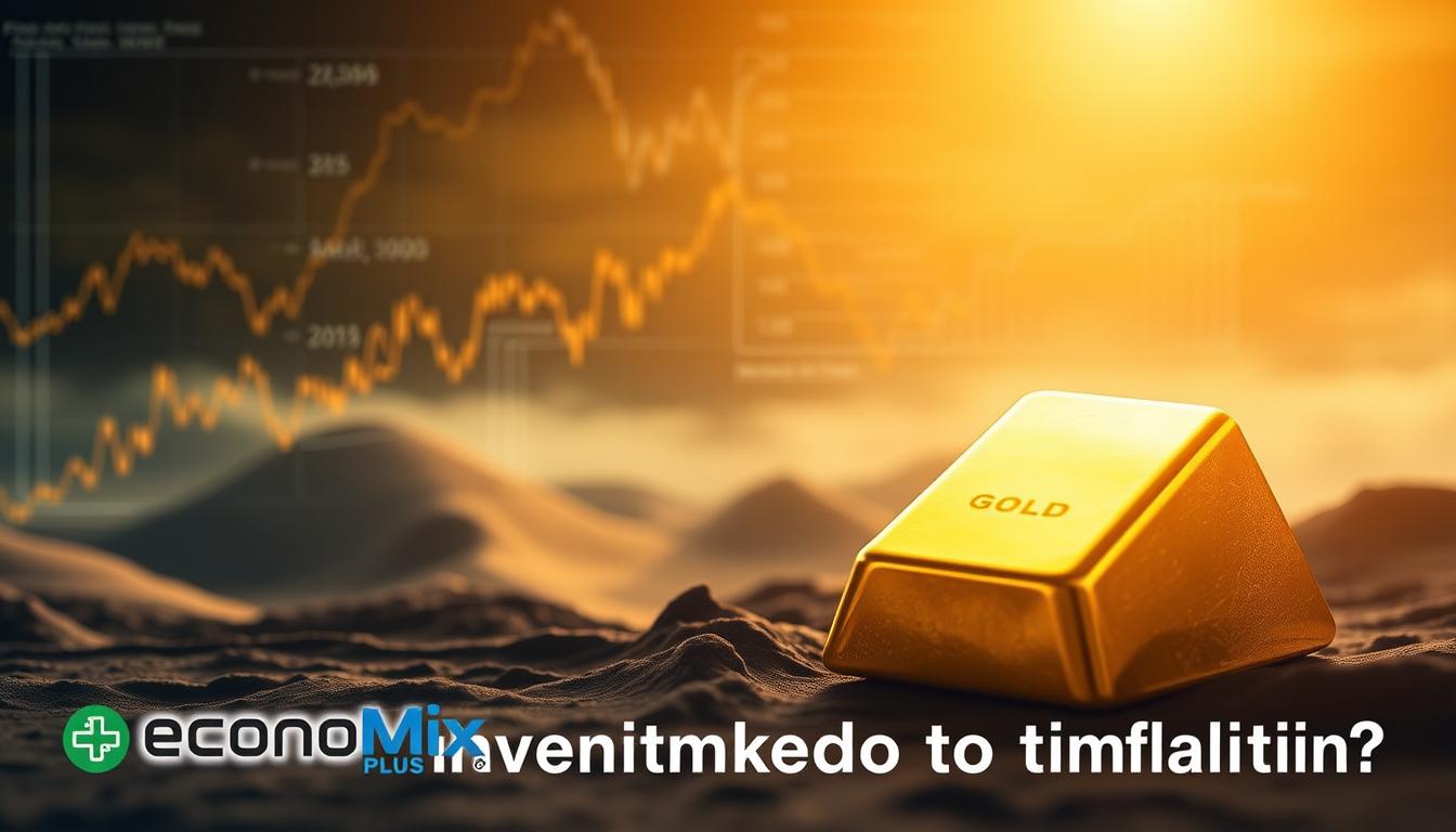 A stunning visual metaphor for the relationship between gold investment and inflation. In the foreground, a gleaming ingot of pure gold, reflecting the warm glow of a focused light source. In the middle ground, a complex array of financial charts and graphs, undulating waves of data representing the volatility of the market. The background fades into a hazy, dreamlike landscape, suggesting the abstract, conceptual nature of economic forces. The overall composition evokes a sense of tension and uncertainty, perfectly capturing the theme of &quot;Why is Gold Investment Linked to Inflation?&quot;. The EconoMix Plus logo subtly integrated into the design, adding a touch of authority and credibility.