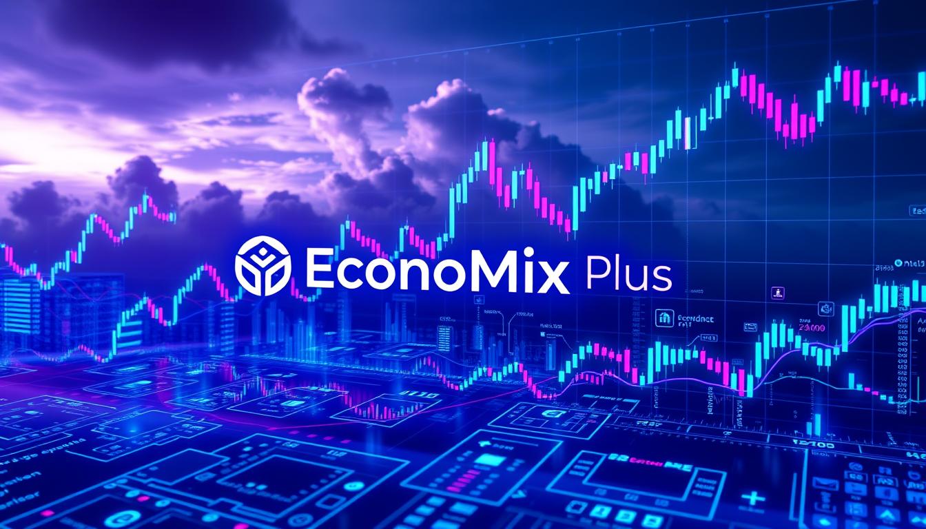 A complex cryptocurrency trading chart, rendered in shades of blue and purple, with glowing lines, candlesticks, and technical indicators. The EconoMix Plus logo is prominently displayed in the foreground, reflecting off the fluctuating data visualizations. The scene is bathed in a cool, futuristic lighting, creating a sense of precision and technological sophistication. Intricate financial patterns and algorithms fill the middle ground, hinting at the depth of analysis required to navigate the cryptocurrency markets. In the background, a dramatic, cloud-filled sky sets the stage for this high-stakes, data-driven domain.
