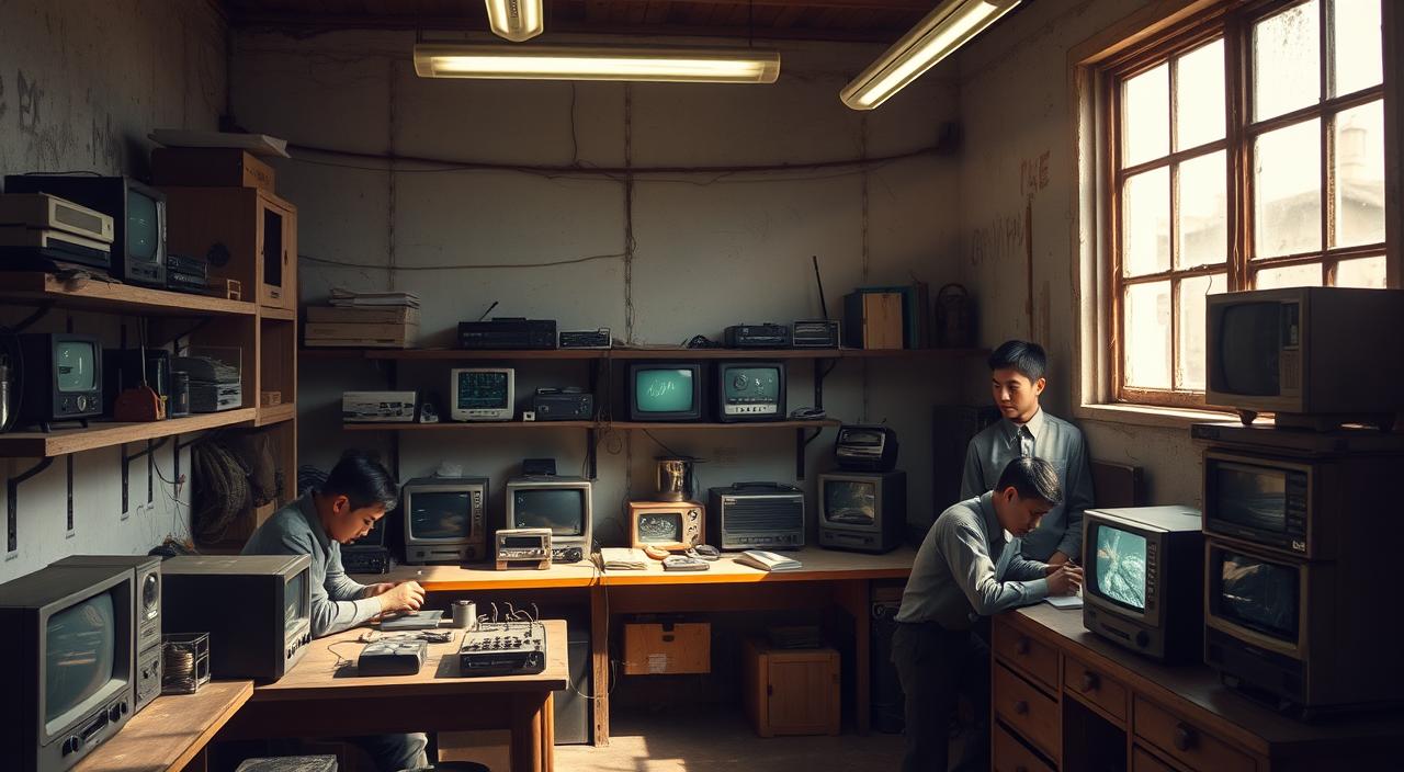 A humble electronics workshop in a small South Korean town, the birthplace of Samsung Electronics. Bright fluorescent lights illuminate a modest workbench where engineers tinker with early transistor radios and televisions. Shelves on the walls display a few prototype products, hinting at the company's future innovations. The atmosphere is one of quiet determination, as the team works tirelessly to bring their technological dreams to life. Soft sunlight streams through a grimy window, casting a warm glow over the scene and suggesting the dawn of a new era for this fledgling enterprise. The image conveys the modest origins and unwavering spirit that would one day propel Samsung to global dominance.