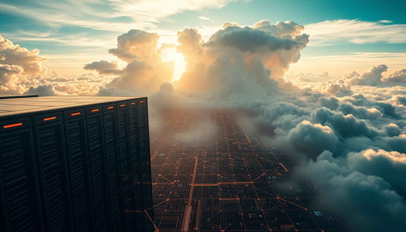 A stunning image of cloud computing, captured from a high vantage point. In the foreground, a sleek and modern data center, its servers and cooling systems visible through glass walls, bathed in a warm, golden light. In the middle ground, a matrix of interconnected nodes and data streams, pulsing with the energy of digital information. And in the background, an expansive sky, filled with billowing, ethereal clouds, symbolizing the boundless potential of the cloud computing landscape. The scene is imbued with a sense of technological innovation and the power of EconoMix Plus to harness the full potential of the cloud.