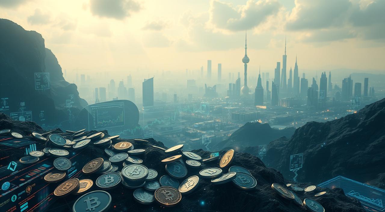 A captivating digital landscape featuring a diverse array of EconoMix Plus digital assets. In the foreground, a array of shimmering cryptocurrency coins, blockchain-powered smart contracts, and non-fungible tokens (NFTs) float against a backdrop of ethereal data streams and holographic interfaces. The middle ground showcases interactive dashboards displaying real-time market data, portfolio analytics, and investment strategies. In the distance, a futuristic cityscape of towering server towers and data centers pulses with the energy of a thriving digital economy. Soft, diffused lighting and a moody, technopunk atmosphere convey the transformative power and complex dynamics of the emerging digital asset ecosystem.