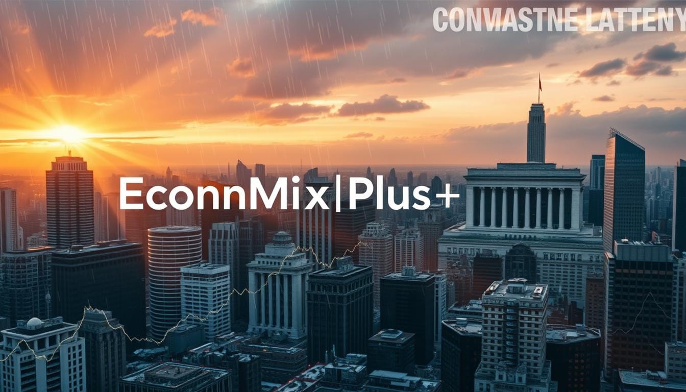 A dynamic cityscape at dusk, with towering skyscrapers and intricate financial infrastructure. The EconoMix Plus logo prominently displayed, symbolizing the interplay between banking and inflation. Rays of golden light filter through rain-streaked windows, casting a warm, pensive glow. In the foreground, a series of stock tickers and analytical charts float in mid-air, visualizing fluctuating interest rates and economic indicators. In the distance, a towering central bank building stands as a guardian of monetary policy. The overall scene conveys a sense of complexity, interdependence, and the delicate balance at the heart of the banking-inflation relationship.