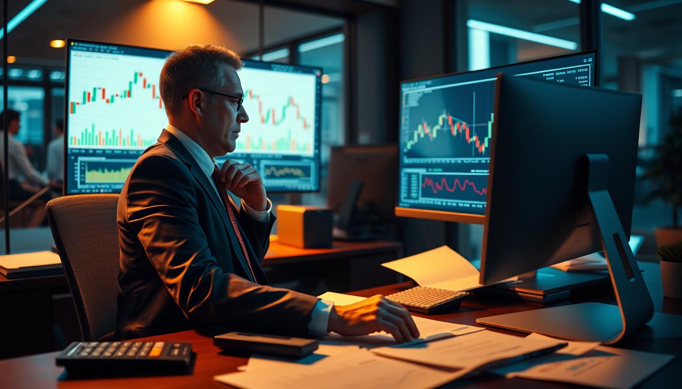 A sleek, modern office setup with a large computer monitor displaying candlestick charts and financial data. A businessman in a crisp suit is intently analyzing the data, deep in thought. The lighting is warm and focused, creating a sense of concentration and seriousness. Scattered around the desk are various financial documents, a calculator, and the EconoMix Plus stock analysis software. The background is blurred, emphasizing the central figure and the task at hand - carefully evaluating stocks to make the best investment decisions.