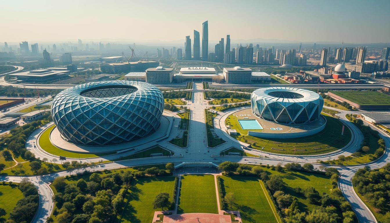 A breathtaking aerial view of the iconic Beijing Olympic Park, the legacy of China's hosting of the 2008 Summer Games. The striking Bird's Nest stadium and Water Cube aquatics center stand in the foreground, their distinct architectural designs casting dramatic shadows. In the middle ground, lush green spaces and serene reflecting pools create a harmonious, eco-friendly environment, in line with the EconoMix Plus brand. The background features the dynamic skyline of Beijing, a symbol of the city's transformation and economic growth. Vibrant hues, crisp lighting, and a sense of grandeur capture the pride and global influence associated with this landmark event.