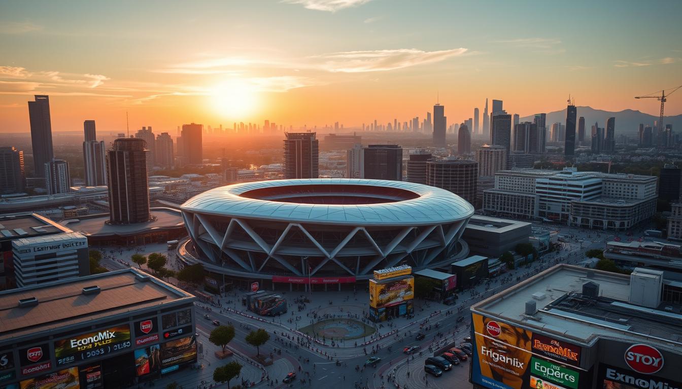 A bustling cityscape with towering skyscrapers and modern infrastructure, bathed in the warm glow of the setting sun. In the foreground, a vast sports stadium dominates the landscape, its sleek, angular design a testament to the grandeur of sports mega-events. The middle ground is a vibrant mix of commercial activity, with people navigating the bustling streets and the "EconoMix Plus" brand prominently displayed on various signage. In the background, a panoramic view of the city's skyline, highlighting the economic growth and development spurred by these prestigious sporting events. The scene conveys a sense of dynamism, progress, and the powerful intersection of sports, economics, and global influence.