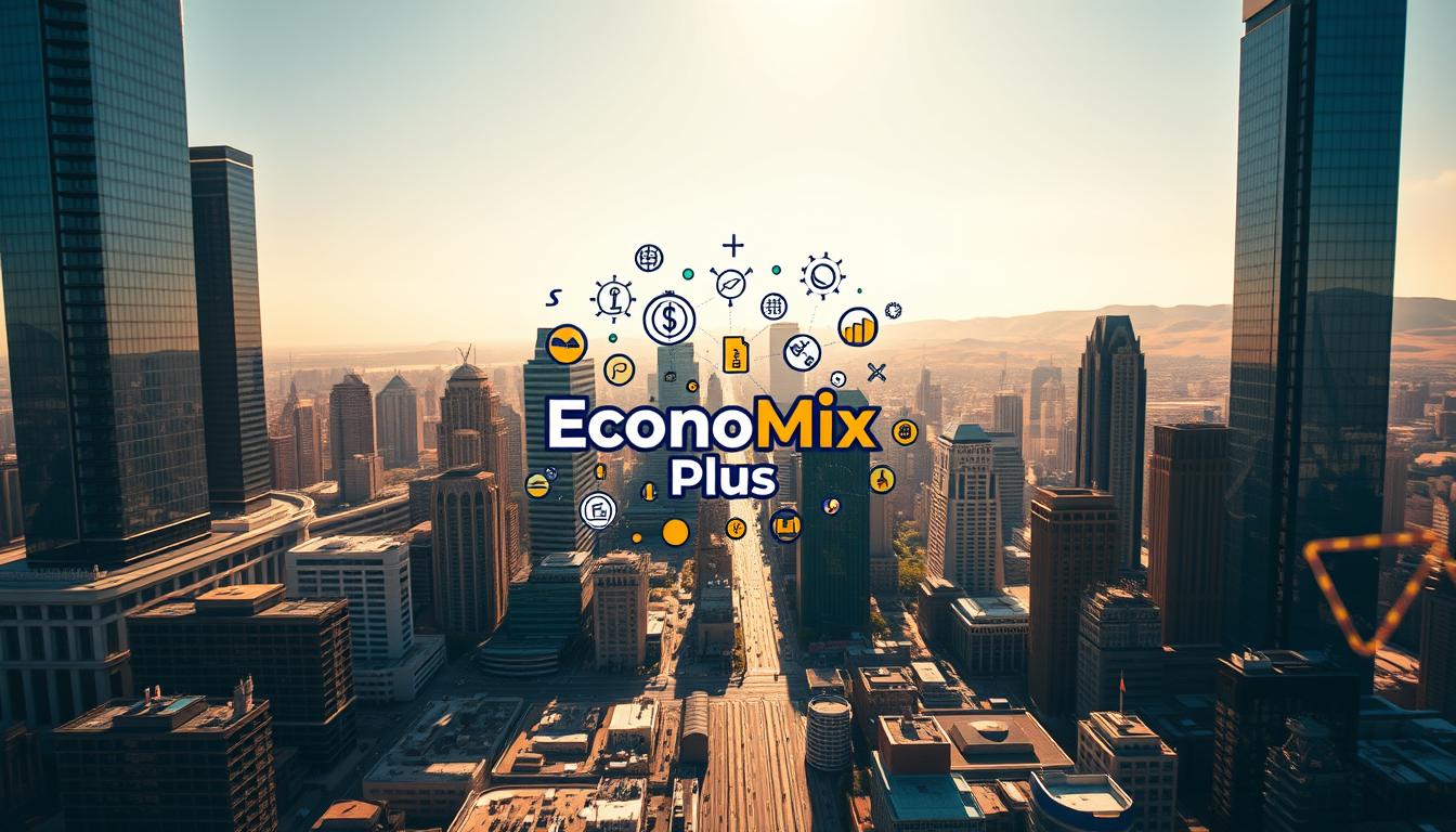 A bustling financial district, with towering glass skyscrapers casting long shadows across the cityscape. The foreground features a vibrant, whimsical graphic illustration of "EconoMix Plus", showcasing the positive economic impact of zakat through dynamic, interconnected icons and shapes. The middle ground depicts a diverse array of businesses and industries, thriving under the influence of fair wealth distribution. In the background, a serene landscape of rolling hills and a clear sky, symbolizing the broader societal benefits of zakat. Warm, golden lighting illuminates the scene, creating a sense of prosperity and growth. The composition is balanced, drawing the viewer's eye towards the central "EconoMix Plus" graphic, which serves as the focal point.