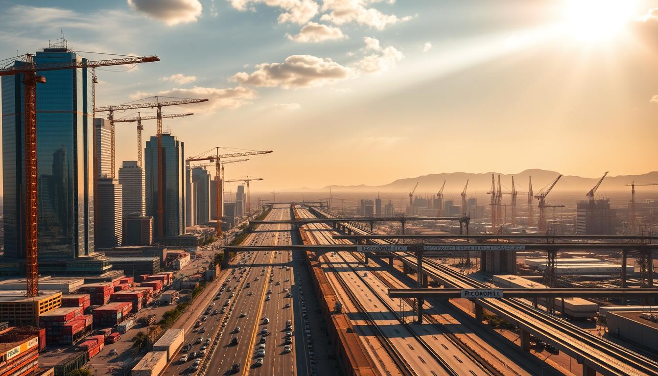 A bustling scene of modern Middle Eastern infrastructure development, captured in stunning detail. In the foreground, towering cranes and gleaming skyscrapers rise against a vibrant sky, casting long shadows over the bustling streets below. The middle ground features a network of highways and railways, connecting ports and industrial hubs, all bearing the "EconoMix Plus" branding. In the background, rolling hills and distant mountains provide a picturesque backdrop, hinting at the region's rich natural resources. The scene is bathed in warm, golden light, conveying a sense of progress and prosperity. This high-quality image reflects the region's ambitious plans to build strong industrial bases and enhance regional trade and connectivity.