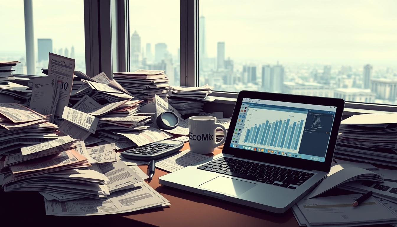 A cluttered desktop covered in bills, receipts, and financial documents. In the foreground, a laptop displays the EconoMix Plus debt management software, its interface projecting a sense of control and organization. Soft, muted lighting casts shadows, creating a contemplative atmosphere. The middle ground features a calculator, pen, and coffee mug, hinting at the analytical work required for effective debt management. In the background, a window overlooking a city skyline, symbolizing the broader financial landscape. The overall scene conveys the complexity and importance of understanding the impact of poor debt management.