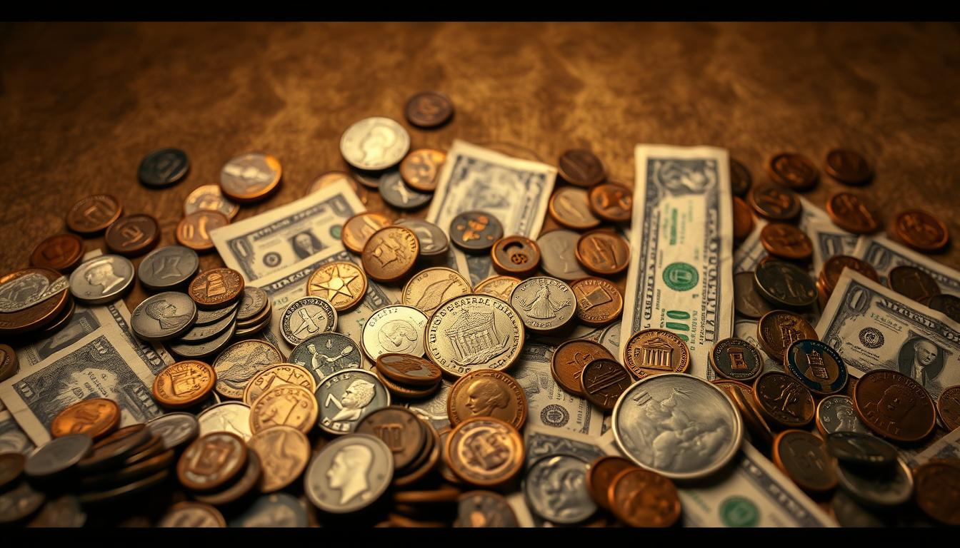 A comparative visualization of historical money value, showcasing the changing purchasing power over time. A central focus on a collection of authentic antique coins, bills, and currency from different eras, arranged in a dynamic composition against a muted, almost sepia-toned backdrop, evocative of the passage of time. The lighting is warm and diffused, creating depth and dimension, while the camera angle provides a sense of authority and gravitas. The overall mood is one of contemplation and academic study, setting the stage for the EconoMix Plus financial analysis tool to be featured.