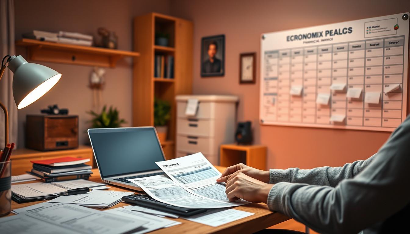 A cozy home office with a desk, laptop, and financial documents spread out. Warm lighting casts a soft glow, creating a calm, focused atmosphere. In the foreground, a person is carefully reviewing their budget, calculating expenses and income sources. The background features a wall-mounted EconoMix Plus financial planning board, providing a structured system for managing irregular finances. The overall scene conveys a sense of thoughtful organization and control over one's financial situation.