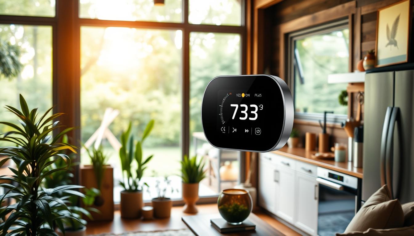 A cozy, well-lit home interior with large windows overlooking a lush green backyard. The focus is on a prominently displayed &quot;EconoMix Plus&quot; smart thermostat, its energy-efficient LED display glowing softly. Warm, natural lighting filters in, casting a gentle glow on sleek, modern appliances and furnishings. Potted plants and natural materials like wood and stone create a serene, sustainable atmosphere. The scene conveys a sense of comfort, efficiency, and a commitment to eco-friendly living.