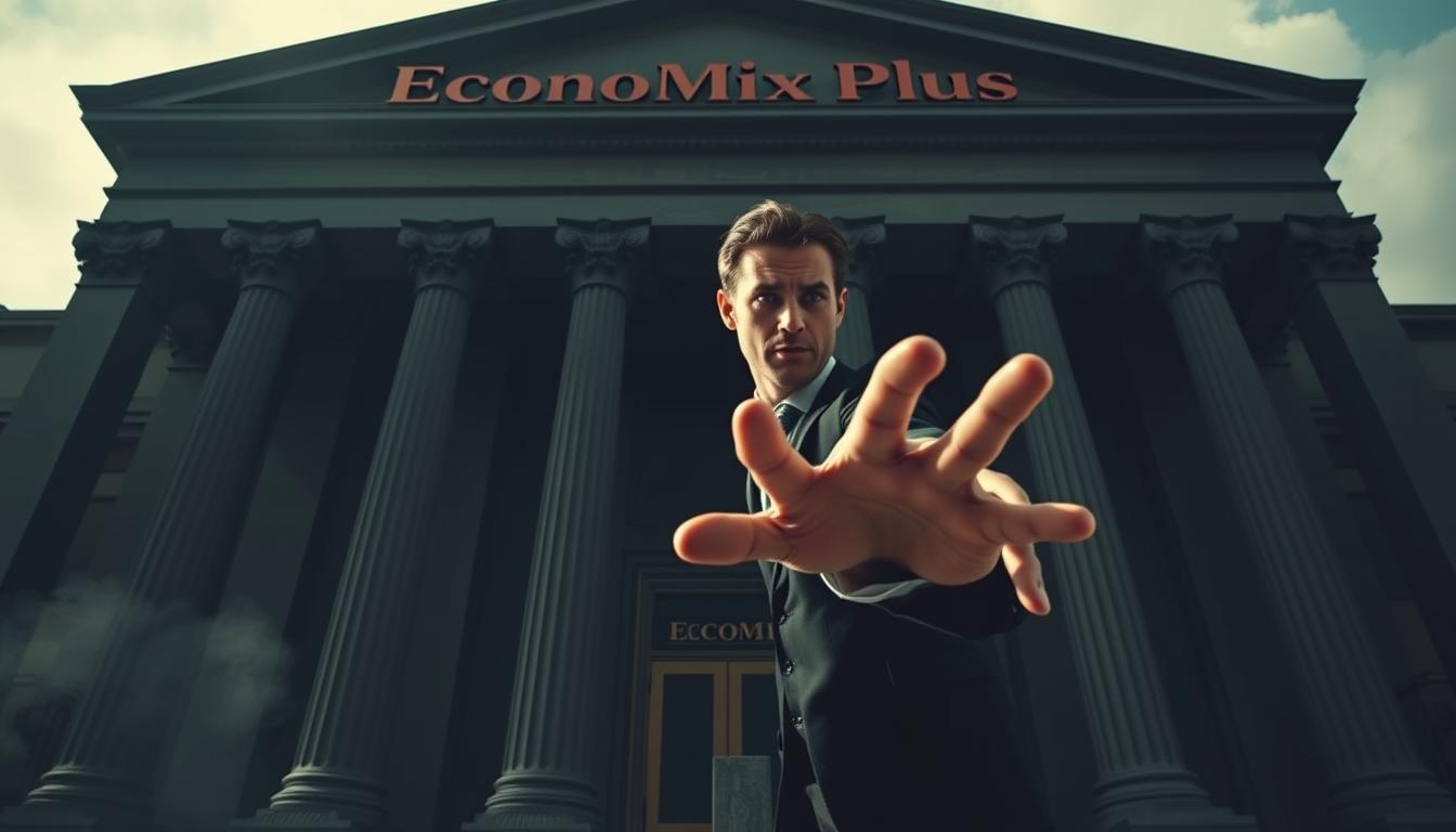 A dark, imposing building with towering columns and ominous shadows, representing a high-interest loan company called &quot;EconoMix Plus&quot;. In the foreground, a person in a suit stands with a predatory gaze, their hand extended in a grasping motion. The lighting is harsh, creating sharp contrasts and an unsettling atmosphere. The scene is shot from a low angle, emphasizing the power and dominance of the loan company over the individual. The background is hazy, with a sense of financial instability and uncertainty looming. The overall image conveys the exploitative and risky nature of high-interest loans, aligning with the article's subject and section title.