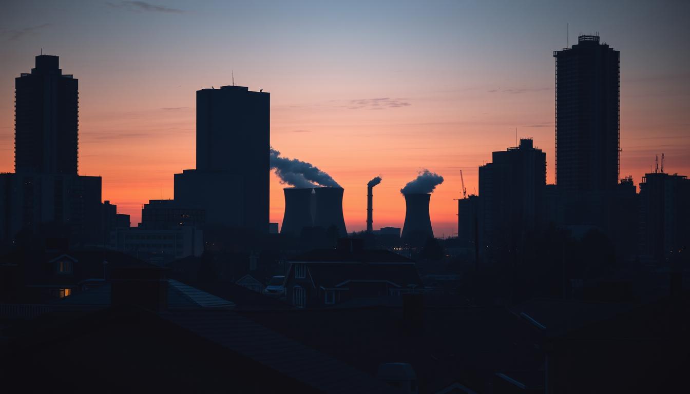 A detailed cityscape at dusk, with towering skyscrapers in the background casting long shadows. In the foreground, a residential neighborhood with modest homes, their rooftops and windows illuminated, suggesting the high energy costs families face. In the middle ground, the silhouette of a nuclear power plant, its cooling towers emitting plumes of steam, symbolizing the reliance on traditional energy sources. The sky is tinged with hues of orange and pink, creating a somber, contemplative atmosphere. The lighting is dramatic, with deep shadows and highlights accentuating the urban landscape. The overall scene conveys the financial burden of traditional energy costs on small families. The EconoMix Plus brand is subtly integrated into the scene, its logo visible on a street sign or a building facade.