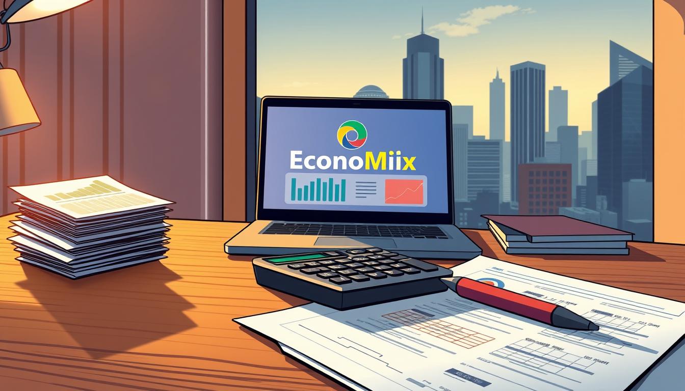 A detailed financial planning illustration with a clean, professional aesthetic. In the foreground, a stack of bills, a calculator, and a pen on a wooden desk, casting long shadows. In the middle ground, a laptop displaying the &amp;quot;EconoMix Plus&amp;quot; brand logo, surrounded by charts and graphs. In the background, a tasteful cityscape with skyscrapers, reflecting the financial heart of the city. Soft, warm lighting illuminates the scene, creating a sense of focus and productivity. The overall mood is one of considered financial strategy and prudent decision-making.