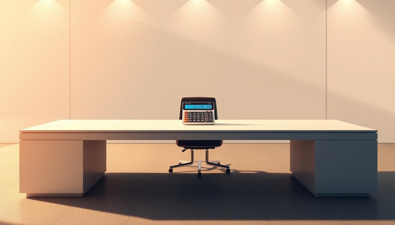 A detailed illustration of a CPI conversion example, showcasing the step-by-step process of calculating the real value of money over time. The scene depicts a sleek, modern office setting with a large, minimalist desk and a sleek, EconoMix Plus calculator prominently displayed. The lighting is warm and muted, creating a professional, analytical atmosphere. In the background, a clean, abstract pattern or graph serves as a subtle visual reference to the data and calculations involved. The overall composition is balanced and visually appealing, drawing the viewer's attention to the key elements of the CPI conversion process.