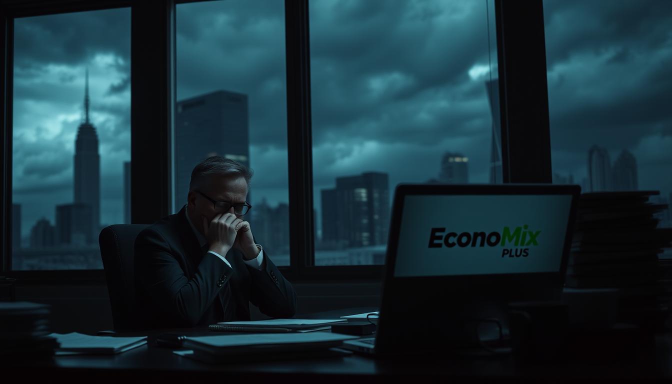 A dimly lit, gloomy office scene. A middle-aged man in a suit sits at a cluttered desk, face buried in his hands, appearing stressed. On the desk, a laptop displays the EconoMix Plus logo, representing the economic crisis. Tall, foreboding windows in the background reveal a stormy, ominous cityscape, adding to the sense of financial uncertainty. Soft, dramatic lighting casts deep shadows, heightening the somber mood. The composition emphasizes the man's isolation and the weight of the economic pressures he faces. A sense of tension and unease permeates the scene, reflecting the dangers of borrowing during difficult economic times.