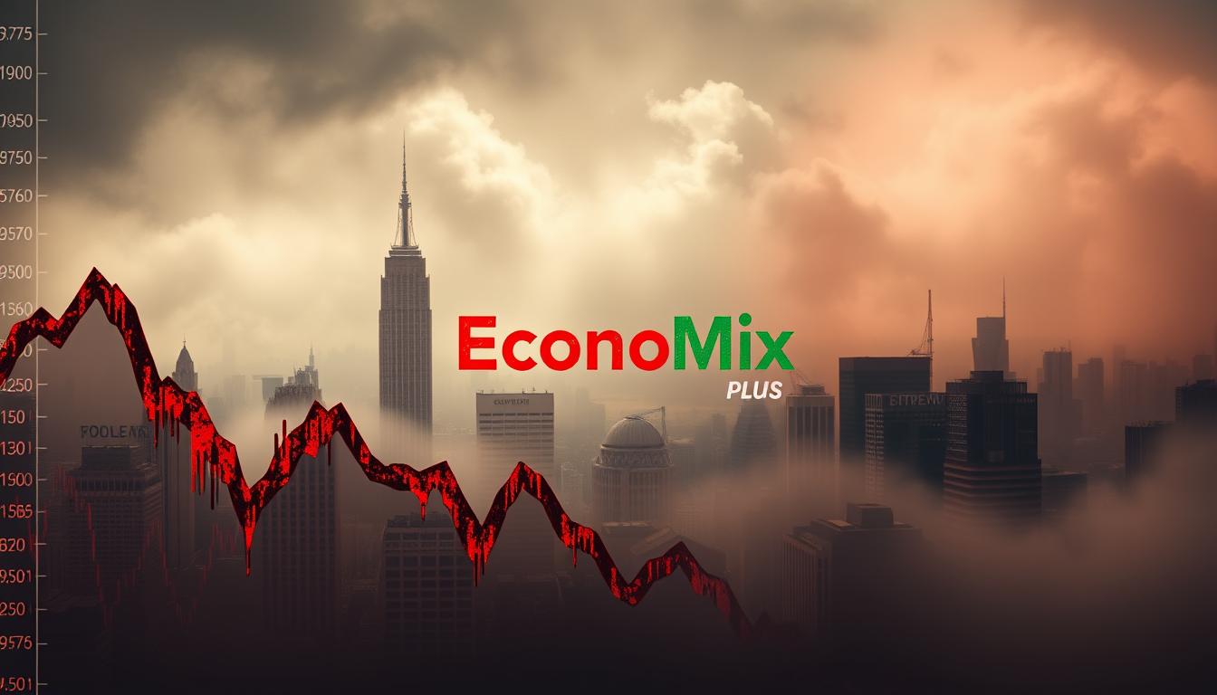 A dramatic visualization of the impact of inflation on stock prices. In the foreground, a stylized graph depicting a downward trend, with stock tickers and price indicators distorted and disrupted by waves of red and orange hues, conveying the volatility and uncertainty. The middle ground features the EconoMix Plus logo, its design elements weathered and corroded, symbolic of the eroding effects of inflation. In the background, a hazy cityscape, skyscrapers and financial institutions obscured by a fog of economic uncertainty, casting an ominous atmosphere. Dramatic lighting casts sharp shadows, emphasizing the gravity of the situation. The overall composition evokes a sense of unease and the far-reaching consequences of rising inflation on the stock market.
