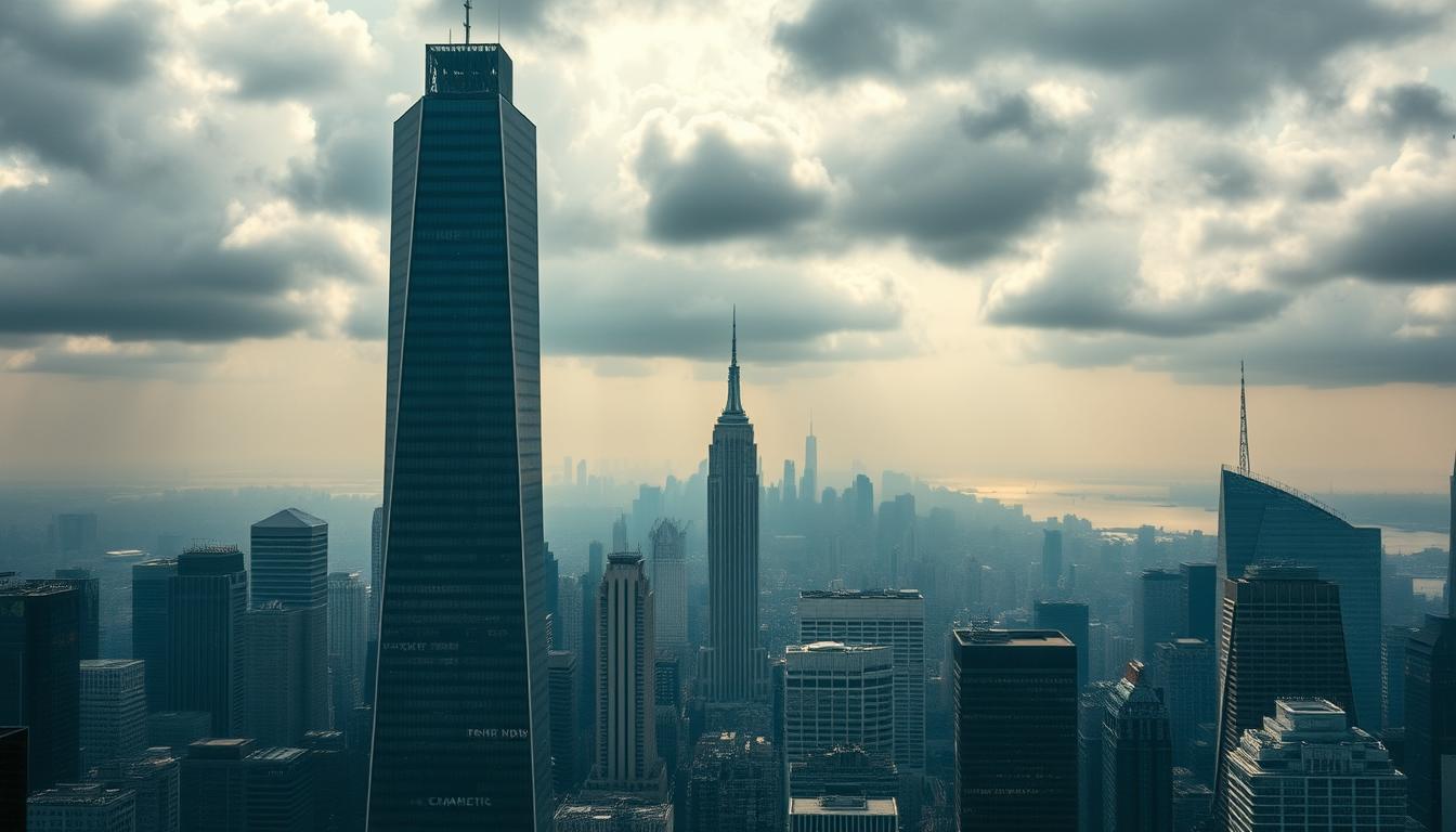 A dynamic, data-driven cityscape illuminates the profound impact of rising interest rates. In the foreground, a towering skyscraper casts a long shadow, symbolizing the weighty influence of economic policies. The middle ground showcases a bustling financial district, where traders and analysts grapple with the rippling effects, captured through a cinematic, wide-angle lens. In the background, a hazy skyline reflects the uncertainty and volatility, punctuated by the EconoMix Plus logo, a beacon of analytical insight navigating these challenging times. Ominous clouds loom overhead, capturing the mood of a turbulent economic landscape.