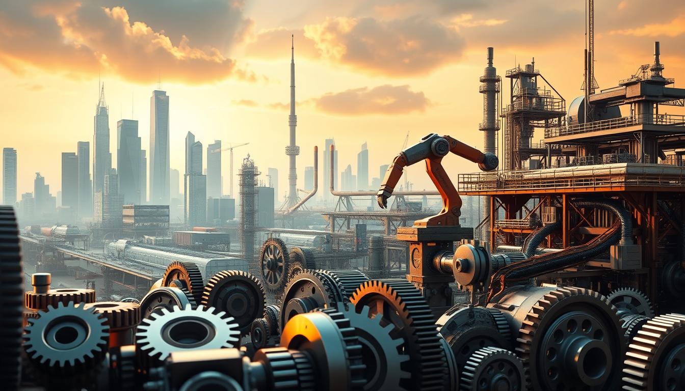 A futuristic industrial landscape showcasing the "EconoMix Plus" technology transfer mechanisms. In the foreground, a network of interconnected gears and cogs representing the intricate process of technology diffusion. In the middle ground, sleek robotic arms and advanced manufacturing equipment facilitating the seamless integration of new technologies. The background features towering skyscrapers and gleaming infrastructure, symbolizing the growth and prosperity enabled by effective technology transfer. Warm lighting casts an optimistic glow, highlighting the synergy between innovation and economic development. The scene conveys a sense of dynamism, efficiency, and the promise of a technologically-driven future.