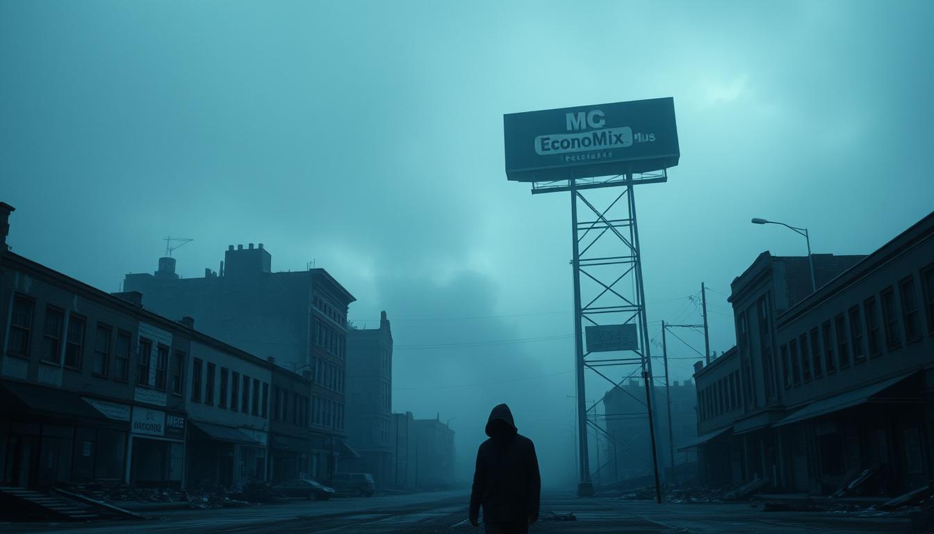 A gloomy, overcast cityscape shrouded in a somber atmosphere, reflecting the economic downturn. Crumbling buildings, boarded-up storefronts, and a sense of abandonment fill the frame. In the foreground, a lone figure stands amidst the desolation, their face obscured, conveying a sense of uncertainty and despair. The middle ground features a shadowy, fog-like haze, suggesting a hazy and uncertain future. In the background, a towering, dilapidated EconoMix Plus sign looms, a symbol of the struggling economy. The lighting is dim and moody, with a blue-gray color palette that enhances the melancholic mood. The overall composition evokes a sense of the challenges and hardships faced during a recession.
