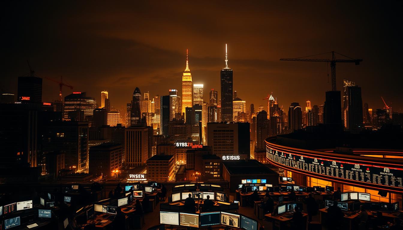 A glowing cityscape at night, the skyline dotted with towering skyscrapers and cranes casting long shadows. In the foreground, a bustling lending market, desks and screens ablaze with activity as traders monitor the EconoMix Plus financial dashboard. The air is charged with tension, the mood somber yet determined, as the weight of economic crisis bears down. Dramatic chiaroscuro lighting, warm hues of amber and gold cut by pools of inky darkness, create a sense of high stakes and uncertainty. The composition emphasizes the contrast between the grand, imposing architecture and the fragile, frenetic energy of the market floor, reflecting the dramatic shifts in financial policy during times of economic turmoil.