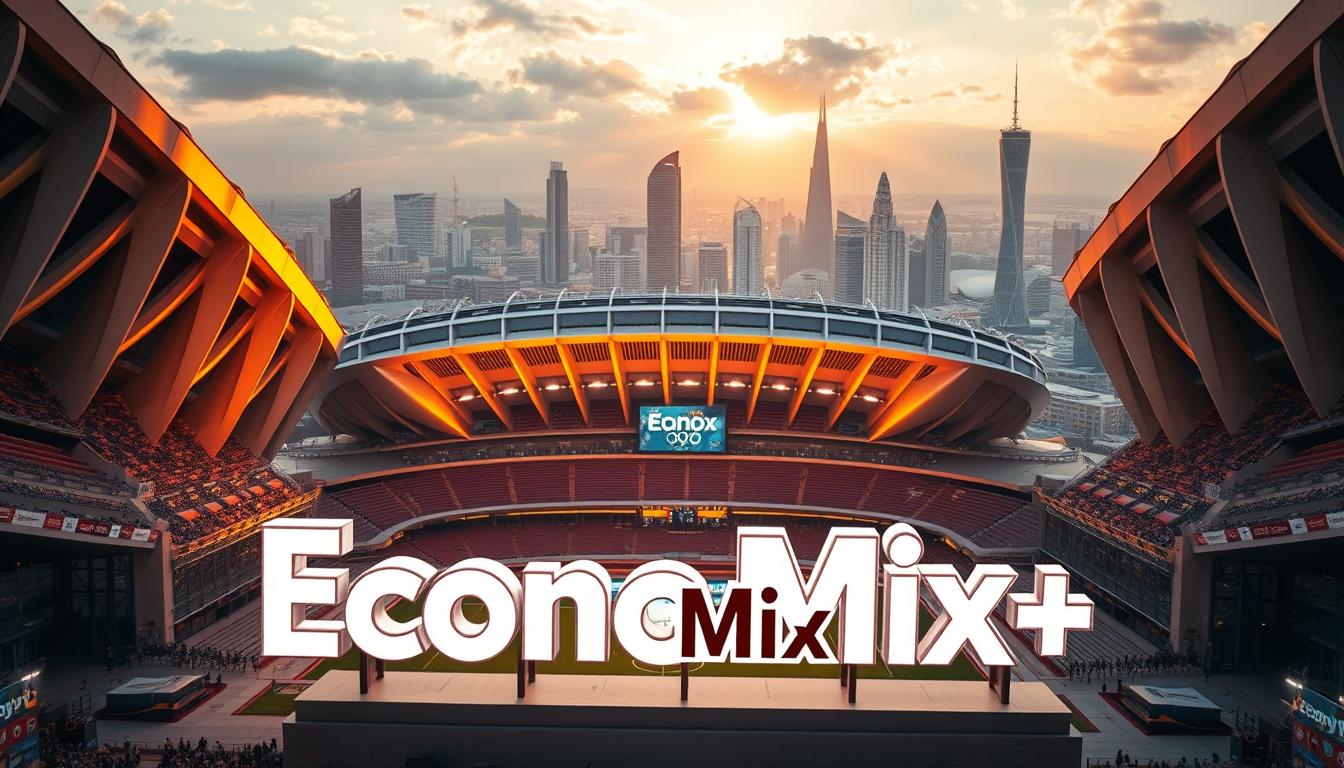 A grand stadium with towering arches and sleek modern architecture, bathed in warm golden light. In the foreground, the EconoMix Plus logo stands prominently, symbolizing the economic influence and soft power of sports mega-events. The stadium is surrounded by a vibrant cityscape, with skyscrapers and landmarks in the background, reflecting the global stage of these events. The scene conveys a sense of grandeur, excitement, and national pride, capturing the role of sports in shaping a country's international image.
