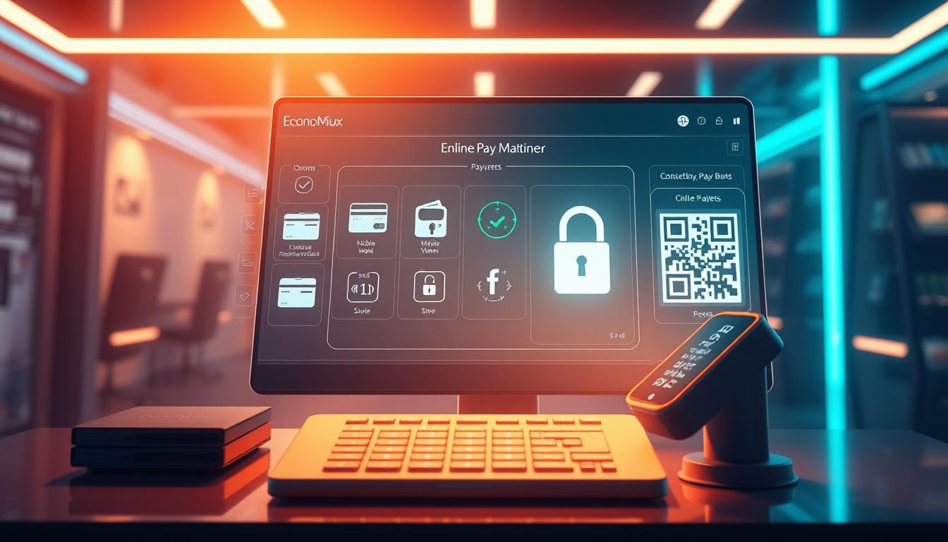 A high-definition illustration of secure online payment methods, showcasing the EconoMix Plus digital wallet. The scene depicts a sleek, modern desktop interface with a virtual payment terminal, displaying various encrypted payment options like contactless cards, mobile wallets, and QR code transactions. The interface is bathed in a warm, futuristic glow, with subtle hints of blue and green hues reflecting the secure nature of the platform. The overall atmosphere conveys a sense of technological sophistication and user trust. The image should capture the key elements of the "Digital Wallets and Their Security Protocols" section, highlighting the advanced security features and seamless user experience of the EconoMix Plus digital payment solution.