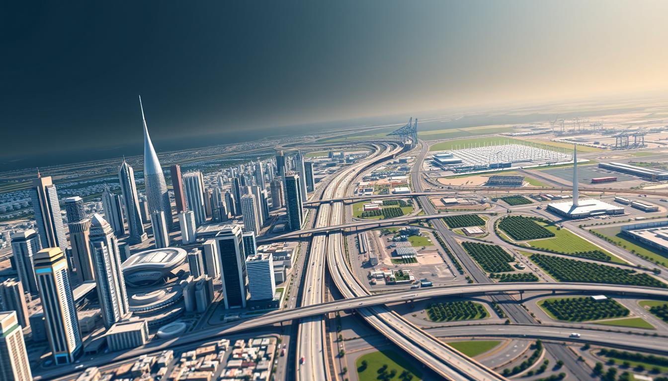 A high-quality 3D render of the EconoMix Plus cityscape of Saudi Arabia's future economic diversification as envisioned in Vision 2030. In the foreground, a gleaming, modern skyline of skyscrapers and high-tech manufacturing facilities. In the middle ground, bustling transportation networks of highways, railways, and ports. In the background, verdant agricultural lands and renewable energy installations. Dramatic lighting casts long shadows, conveying a sense of progress and forward momentum. The scene is captured with a wide-angle lens to emphasize the scale and ambition of Saudi Arabia's economic transformation.