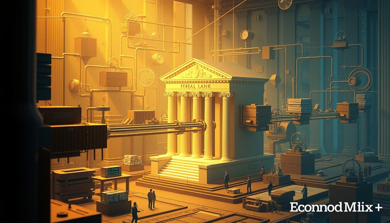 A high-quality, detailed illustration of the Federal Funds Rate Mechanism, showcasing the interconnected financial system and the central bank's role in adjusting interest rates. Rendered in a photorealistic style, the image depicts the intricate workings of the mechanism, including the flow of funds, the decision-making process, and the impact on various financial instruments. Illuminated by warm, subtle lighting, the scene conveys a sense of authority and precision, capturing the essence of the "Mechanics of Rate Changes in the Financial System". The EconoMix Plus branding is subtly integrated into the design, complementing the overall visual narrative.