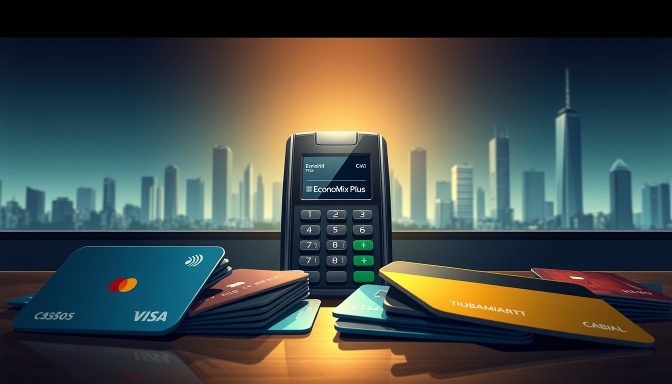 A high-resolution digital illustration depicting secure digital payment methods. The foreground features a variety of payment cards, including credit, debit, and mobile wallet cards, arranged in a visually appealing layout. The middle ground showcases a secure payment terminal, with a digital display showing the EconoMix Plus brand name. The background depicts a sleek, minimalist cityscape, with skyscrapers and a subtle play of light and shadow, conveying a sense of modernity and technological advancement. The overall scene is captured with a cinematic, high-contrast lighting setup, creating a polished, professional aesthetic suitable for the article's subject matter.