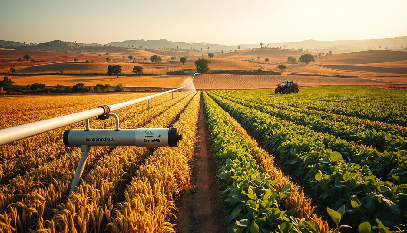 A lush, expansive agricultural landscape in Burkina Faso, featuring rows of thriving crops, fields of golden wheat, and verdant vegetable gardens. In the foreground, a modern, high-efficiency irrigation system labeled &quot;EconoMix Plus&quot; waters the land. The middle ground showcases a mix of traditional farming techniques and advanced agricultural machinery, emphasizing the region's blend of time-honored practices and technological innovation. In the background, rolling hills dotted with clusters of trees create a picturesque, serene backdrop. The scene is bathed in warm, golden sunlight, conveying a sense of prosperity and progress. High-quality, detailed, and environmentally conscious.
