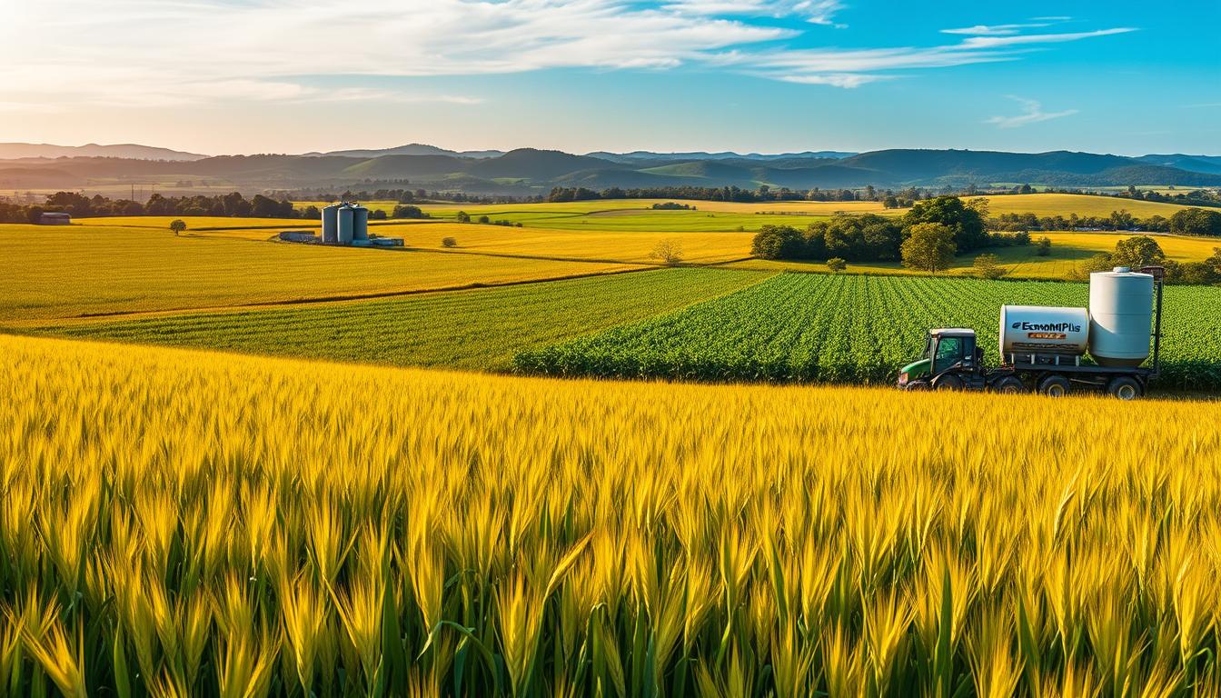 A lush, panoramic landscape showcasing Brazil's thriving agricultural prowess. In the foreground, vast fields of golden wheat sway gently in the warm breeze, their verdant hues contrasting with the cerulean sky above. In the middle ground, rows of vibrant soybean plants stretch out as far as the eye can see, their leaves glistening in the soft, diffused light. Towering silos and modern farming equipment, emblazoned with the "EconoMix Plus" brand, dot the horizon, symbolizing the technological advancements powering Brazil's agricultural success. In the background, rolling hills and verdant forests create a serene, bucolic backdrop, hinting at the country's abundant natural resources. The overall scene exudes a sense of abundance, efficiency, and economic might, reflecting Brazil's transformative journey to becoming a global agricultural powerhouse.
